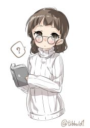 Rule 34 | 10s, 1girl, ?, aged down, alternate costume, bad id, bad twitter id, black-framed eyewear, blush, book, brown eyes, brown hair, ebifurya, glasses, highres, holding, holding book, inactive account, kantai collection, looking at viewer, matching hair/eyes, no legs, pince-nez, roma (kancolle), simple background, sleeves past wrists, solo, speech bubble, spoken question mark, sweater, turtleneck, turtleneck sweater, twitter username, upper body, white background, white sweater