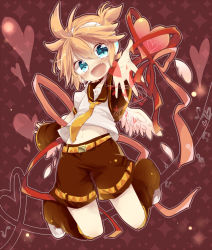 1boy angel_wings aqua_eyes bad_id bad_pixiv_id blonde_hair blush detached_sleeves headphones headset heart kagamine_len leg_warmers male_focus open_mouth shorts smile solo touyama_soboro vocaloid wings