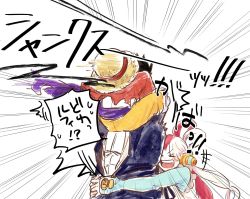 Rule 34 | !, !!, !!, !?, 1girl, 2boys, age difference, black cape, black hair, cape, choko egg, father and daughter, grabbing, grabbing from behind, hair rings, hat, highres, hug, long hair, looking at another, manly, monkey d. luffy, multicolored hair, multiple boys, one piece, one piece film: red, pectorals, red hair, scar, scar across eye, shanks (one piece), short hair, simple background, size difference, straw hat, surprised, translation request, two-tone hair, uta (one piece), very long hair, white background