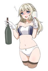 Rule 34 | 1girl, alcohol, blonde hair, blue eyes, blush, bottle, braid, breasts, brown thighhighs, commentary request, crop top, cropped legs, cup, drinking glass, drunk, gloves, holding, holding bottle, holding cup, kantai collection, long hair, looking at viewer, medium breasts, open mouth, panties, ranger (kancolle), side braids, simple background, solo, squeans, strapless, tamu (mad works), thighhighs, underwear, white background, white gloves, white panties, wine, wine bottle, wine glass