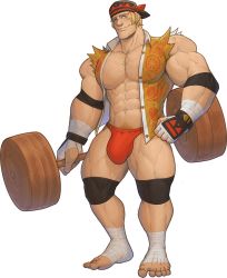 Rule 34 | 1boy, abs, alternate costume, bandaged arm, bandaged leg, bandages, bandana, bara, barefoot, biceps, blonde hair, bulge, clenched hands, collared shirt, dumbbell, elbow pads, f con, fire emblem, fire emblem: three houses, gauntlets, hairy, highres, knee pads, large pectorals, looking at viewer, male focus, male swimwear, manly, mature male, muscular, muscular male, nintendo, orange male swimwear, orange swim briefs, pectorals, raphael kirsten, shirt, short hair, simple background, sleeveless, smirk, solo, spiked hair, swim briefs, swimsuit, thick arms, thick eyebrows, thick thighs, thighs, torn clothes, veins, white background, yellow eyes