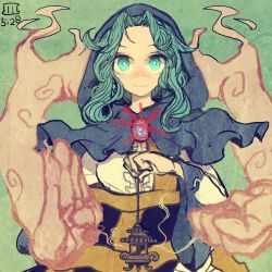 Rule 34 | 1boy, 1girl, artist logo, blue eyes, blue hair, bright pupils, brooch, clenched hand, commentary request, dated, dress, green background, holding, hood, hood up, incense burner, jewelry, kesa, kumoi ichirin, long sleeves, looking at viewer, maaru (akira428), medium hair, one-hour drawing challenge, touhou, unzan, upper body, white dress, wide sleeves