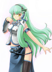 Rule 34 | 1girl, adapted costume, breasts, cosplay, female focus, green hair, headset, kochiya sanae, long hair, megurine luka, megurine luka (cosplay), solo, standing, tdk, thighhighs, touhou, very long hair, vocaloid, white background, yellow eyes