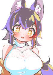 Rule 34 | 1girl, :d, animal ear fluff, animal ears, black hair, blush, breasts, brown eyes, commentary request, fangs, highres, hololive, kani bonara, large breasts, multicolored hair, off shoulder, ookami mio, ookami mio (street), open mouth, red hair, simple background, sleeveless, sleeveless sweater, smile, solo, streaked hair, sweater, upper body, virtual youtuber, white background, wolf ears, wolf girl