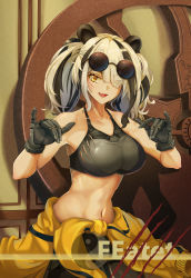 Rule 34 | 1girl, absurdres, animal ears, arknights, bare arms, bare shoulders, black gloves, black hair, character name, chinese commentary, clothes around waist, commentary request, crop top, eyes visible through hair, facial scar, feater (arknights), feater (dojo star) (arknights), frost2042, gloves, hair over one eye, highres, jacket, jacket around waist, long hair, midriff, multicolored hair, navel, official alternate costume, panda ears, scar, scar on cheek, scar on face, solo, sports bra, stomach, streaked hair, twintails, white hair, yellow eyes, yellow jacket, yin yang