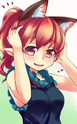 Rule 34 | 1girl, alternate hairstyle, animal ears, bad id, bad pixiv id, bare shoulders, breasts, cat ears, extra ears, fang, heart, highres, kaenbyou rin, konata gazel, looking at viewer, pointy ears, ponytail, red eyes, red hair, short hair, sleeveless, smile, solo, touhou, upper body