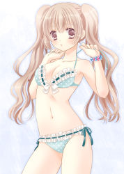 Rule 34 | 1girl, bad id, bad pixiv id, bare arms, bare shoulders, bikini, blush, bracelet, breasts, brown eyes, brown hair, collarbone, cowboy shot, frilled bikini, frills, front-tie bikini top, front-tie top, hands up, jewelry, light brown hair, long hair, looking at viewer, medium breasts, navel, original, parted lips, polka dot, polka dot bikini, polka dot swimsuit, sarasa-sasa, simple background, solo, spaghetti strap, swimsuit, twintails, wavy hair