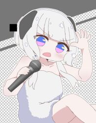 Rule 34 | 1girl, blue eyes, blunt bangs, blush, cevio, checkered background, collarbone, fake transparency, grey background, hair ornament, highres, holding, holding microphone, kafu (cevio), kamitsubaki studio, microphone, multicolored eyes, n u, open hand, open mouth, pink eyes, solo, towel, white hair, white towel