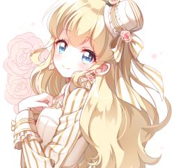 Rule 34 | 1girl, bad id, bad pixiv id, blonde hair, blue eyes, bow, coco (otoca d&#039;or), coco (otoca doll), earrings, flower, hat, highres, jewelry, kobeni, long hair, looking at viewer, mini hat, mini top hat, otoca d&#039;or, rose, smile, solo, striped, striped bow, top hat, upper body, white background, white hat