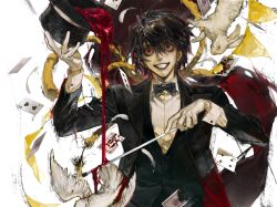 Rule 34 | 1boy, animal, bags under eyes, bird, black hair, black lips, black necktie, black suit, blood, burning, card, clenched teeth, commentary request, crazy smile, death note, dove, feathers, formal, gloves, hat, highres, holding, holding clothes, holding hat, l (death note), magician, male focus, mvrl, necktie, playing card, rabbit, red eyes, rope, simple background, smile, suit, teeth, top hat, twitter username, upper body, white background, white gloves, white rabbit (animal)