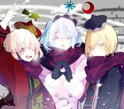 Rule 34 | 3girls, ;d, black coat, black mittens, blonde hair, blue hair, breath, buttons, coat, crescent, crescent hat ornament, double-breasted, hat, hat ornament, highres, ice snow, light blue hair, looking at viewer, lunasa prismriver, lyrica prismriver, merlin prismriver, mittens, multiple girls, one eye closed, one side up, open mouth, pink coat, purple scarf, qingdai guanmao, scarf, siblings, sisters, smile, snowflake hat ornament, star (symbol), star hat ornament, touhou