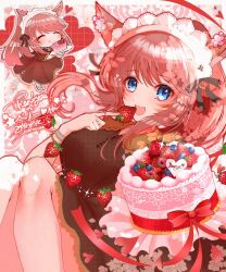 Rule 34 | 1girl, animal ears, blue eyes, border, breasts, brown dress, cake, cat ears, cat girl, chibi, commentary, commission, dress, english commentary, facial mark, feet out of frame, final fantasy, final fantasy xiv, food, fruit, highres, holding, holding food, knees up, large breasts, leaning back, long hair, maid headdress, multiple views, oonohara kenya, pink background, ponytail, red hair, sidelocks, signature, skeb commission, strawberry, thank you, warrior of light (ff14)