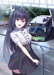 Rule 34 | 1girl, :d, black corset, black hair, black thighhighs, blouse, bow, bus, commentary request, corset, fence, hair bow, hair ribbon, highres, long hair, looking at viewer, motor vehicle, open mouth, original, outdoors, png pant (bus), puffy short sleeves, puffy sleeves, purple eyes, red ribbon, ribbon, road, shirt, short sleeves, smile, solo, street, thighhighs, white bow, white shirt
