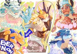Rule 34 | 6+boys, absurdres, animal ears, another eidos-r, arrow (symbol), atmos (another eidos), bara, barboros (another eidos), beard, black eyes, blue hair, blush, brown gloves, character name, chest hair, claws, closed eyes, colored sclera, commentary request, doughnut, dragon boy, dragon ears, dragon horns, earrings, english text, eternion (another eidos), facial hair, facing viewer, fangs, fangs out, finger to mouth, fingerless gloves, flower, flower necklace, folker (another eidos), food, furry, furry male, gaia (another eidos), gloves, goatee, heart, heart-shaped eyes, highres, holding hands, horns, jewelry, looking at another, looking at viewer, male focus, mammon (another eidos), multiple boys, muscular, muscular male, muuunya000, necklace, one eye closed, open mouth, orange hair, own hands clasped, own hands together, red eyes, shirt, smile, sparkle, tongue, tongue out, upper body, v, white shirt, xiaolong (another eidos), yellow eyes, yellow sclera