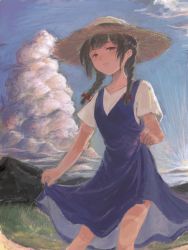 Rule 34 | 1girl, black hair, blue dress, braid, cloud, day, dress, grass, hair ribbon, hat, isonami (kancolle), kantai collection, long hair, looking at viewer, mountain, official alternate costume, outdoors, parted lips, red ribbon, ribbon, shirt, short sleeves, skirt hold, sky, solo, sowamame, straw hat, tan, tanline, twin braids, white shirt