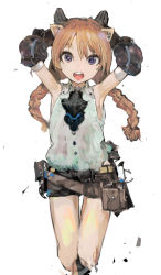 Rule 34 | 1girl, :d, animal ears, armpits, arms behind head, belt, braid, brown hair, cropped legs, gloves, looking at viewer, open mouth, original, pouch, purple eyes, shorts, sleeveless, smile, solo, teeth, twin braids, uturo, white background