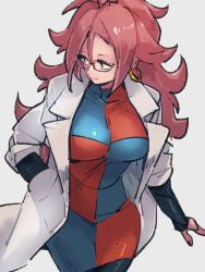 Rule 34 | 1girl, android 21, blue eyes, breasts, checkered clothes, checkered dress, closed mouth, dragon ball, dragon ball fighterz, dress, earrings, glasses, grey background, hand in pocket, hoop earrings, jewelry, kemachiku, lab coat, long hair, looking to the side, medium breasts, pantyhose, red hair, simple background, smile, solo