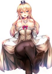 Rule 34 | 10s, 1girl, alternate legwear, bad anatomy, bare shoulders, black pantyhose, blonde hair, blue eyes, blush, braid, breasts, breasts apart, cleavage, clothes lift, crown, dress, dress lift, feet, french braid, hairband, highres, jewelry, kantai collection, large breasts, lifted by self, long hair, long sleeves, looking at viewer, mini crown, necklace, no shoes, off shoulder, pantyhose, silly (marinkomoe), simple background, smile, soles, solo, thighband pantyhose, toes, warspite (kancolle), white background