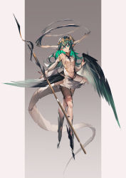 Rule 34 | 1girl, absurdres, breasts, closed mouth, collared dress, commentary, detached sleeves, dress, ear piercing, earrings, feathered wings, full body, gold choker, green eyes, green hair, grey background, hair between eyes, headwear request, highres, holding, holding lance, holding polearm, holding weapon, jewelry, lance, long hair, long sleeves, looking at viewer, mooofoo, navel, original, piercing, pointy ears, polearm, simple background, smile, solo, standing, stomach, tail, wavy hair, weapon, white background, white dress, wings