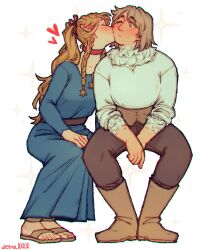 Rule 34 | 2girls, belt, blonde hair, blue dress, blush, boots, brown eyes, brown footwear, brown pants, choker, chromatic aberration, closed eyes, commentary, diezmil10000, dress, dungeon meshi, elf, falin thorden, falin thorden (tallman), feathers, full body, grey hair, heart, highres, kiss, kissing cheek, long hair, long sleeves, marcille donato, multiple girls, one eye closed, pants, pointy ears, red choker, sandals, shirt, short hair, simple background, sitting, sparkle, symbol-only commentary, toes, white background, white shirt