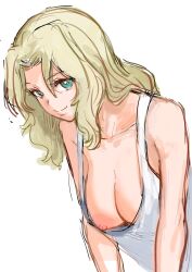 Rule 34 | 1girl, bad id, bad twitter id, blonde hair, breasts, cleavage, downblouse, girls und panzer, green eyes, highres, kay (girls und panzer), kuppipi ramutarou, large breasts, long hair, looking at viewer, nipple slip, nipples, one breast out, solo, tank top