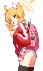 Rule 34 | 1girl, :d, absurdres, ahoge, ass, backpack, bag, black thighhighs, blonde hair, blue archive, blush, brown eyes, doughnut, flute, food, halo, highres, instrument, jacket, long hair, looking at viewer, migu (iws2525), open mouth, panties, pleated skirt, randoseru, recorder, simple background, skirt, smile, solo, thighhighs, twintails, underwear, white background, white panties, yoshimi (blue archive)