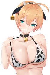 Rule 34 | 1girl, :d, absurdres, ahoge, animal ears, animal print, areola slip, arm under breasts, artist name, bare arms, bare shoulders, bell, bikini, blonde hair, blush, breasts, bright pupils, buckle, chinese zodiac, collar, collarbone, cow ears, cow horns, cow print, cowbell, dated, fake animal ears, fake horns, green eyes, grin, hairband, head tilt, highres, horns, large breasts, looking at viewer, open mouth, original, print bikini, short hair, simple background, skindentation, smile, solo, strap lift, swimsuit, teeth, two-tone hairband, upper body, white background, year of the ox, z.taiga