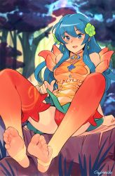 Rule 34 | 1girl, alternate costume, arm support, bad id, bad twitter id, blue eyes, blue hair, blurry, blurry background, blush, breasts, clothes lift, commentary, detached collar, dress, eirika (fire emblem), english commentary, feet, fire emblem, fire emblem: the sacred stones, flower, foot focus, foreshortening, forest, gradient legwear, green skirt, hair flower, hair ornament, highres, leaning back, legs, long hair, looking at viewer, medium breasts, nature, nintendo, open mouth, panties, red panties, sidelocks, signature, sitting, skirt, skirt lift, solo, squeezable (squeezabledraws), stirrup legwear, thighhighs, toeless legwear, toes, tree stump, underwear