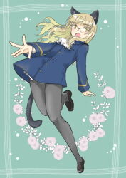 Rule 34 | 1girl, animal ears, black pantyhose, blonde hair, blush, breasts, cat ears, cat tail, glasses, kanai, long hair, looking at viewer, military uniform, open mouth, pantyhose, perrine h. clostermann, small breasts, smile, solo, strike witches, tail, uniform, world witches series