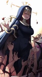 Rule 34 | 1girl, black nails, blonde hair, blush, breasts, closed eyes, covered navel, crown, double (skullgirls), extra arms, extra mouth, grabbing own thigh, grin, habit, halo, highres, holding hands, large breasts, leg grab, monster, monster girl, nun, pink lips, red eyes, skullgirls, smile, solo, squinting, tongue, tongue out, veins, wide hips, xue jiang (simoncry)