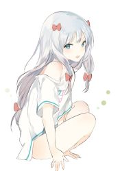 Rule 34 | 10s, 1girl, :d, bare legs, bare shoulders, bow, breasts, clothes writing, colored eyelashes, eromanga sensei, full body, gradient hair, green eyes, grey hair, hair bow, indian style, izumi sagiri, long hair, looking at viewer, low-tied long hair, lpip, multicolored hair, no pants, off shoulder, open mouth, pink hair, red bow, sidelocks, simple background, sitting, sketch, smile, solo, tsurime, very long hair, white background