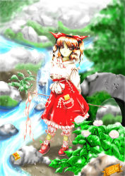 Rule 34 | 1girl, ankle socks, blouse, bow, female focus, flower, hair bow, hydrangea, japanese clothes, miko, original, outdoors, poorly drawn, ribbon, shirt, shoes, short hair, socks, solo, touhou, two side up, white shirt, white socks, zun (artist)