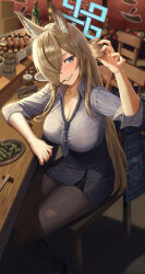 Rule 34 | 1girl, absurdres, animal ears, black pantyhose, blonde hair, blue archive, blue eyes, blush, breasts, chair, collarbone, collared shirt, commentary request, cup, food, hair over one eye, halo, highres, holding, holding cup, indoors, kanna (blue archive), large breasts, long hair, looking at viewer, necktie, one eye covered, pantyhose, sharp teeth, shirt, silvertsuki, sitting, skirt, smile, solo, teeth, thighs