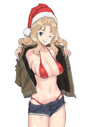 Rule 34 | 1girl, bikini, blonde hair, blue eyes, blue shorts, blush, breasts, christmas, collarbone, girls und panzer, grin, hat, highres, kay (girls und panzer), large breasts, long hair, looking at viewer, one eye closed, parted lips, red bikini, santa hat, short shorts, shorts, simple background, skindentation, smile, solo, standing, swimsuit, teeth, white background, yamano rita