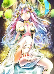 Rule 34 | 1girl, anklet, bare shoulders, barefoot, blue hair, feet, female focus, foot focus, gaia (p&amp;d), jewelry, looking at viewer, lots of jewelry, multicolored hair, puzzle &amp; dragons, sitting, smile, soles, solo, toes, uko magi, yellow eyes