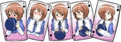 Rule 34 | 00s, 1girl, ace (playing card), ace of spades, blush, brown hair, card, card (medium), closed eyes, covering face, covering own mouth, covering privates, embarrassed, fukanensei, hat, heterochromia, incoming kiss, jack (playing card), jack of spades, king (playing card), king of spades, multiple views, playing card, queen (playing card), queen of spades, rozen maiden, short hair, souseiseki, spade (shape), tsundere, unworn hat, unworn headwear
