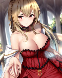 Rule 34 | 1boy, 1girl, alternate costume, artist name, azur lane, bare shoulders, blonde hair, blush, braid, breasts, choker, cleavage, collarbone, commentary, dress, evening gown, eyebrows, french braid, hair ribbon, hand grab, highres, holding, holding clothes, holding skirt, jewelry, king george v (azur lane), king george v (rose&#039;s regalia) (azur lane), large breasts, looking at viewer, ornate ring, pov, red dress, red eyes, ribbon, ring, sidelocks, signature, skirt, smile, wedding ring, wsman