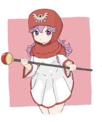Rule 34 | 1girl, :o, absurdres, blush, breasts, capelet, commentary request, cropped legs, dragon quest, dragon quest ii, dress, hair between eyes, highres, holding, holding staff, hood, hood up, hooded capelet, long hair, long sleeves, looking at viewer, medium breasts, parted lips, pink background, princess of moonbrook, purple eyes, purple hair, red capelet, rururu (pyrk8855), solo, staff, two-tone background, white background, white dress, wide sleeves