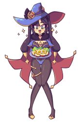 Rule 34 | 1girl, absurdres, black pantyhose, bow, cape, choker, daigada, earrings, egg, food, full body, genshin impact, green eyes, hair bow, happy, hat, highres, jewelry, leotard, mona (genshin impact), open mouth, pantyhose, plate, purple hair, simple background, smile, solo, sparkle, transparent background, twintails, white background, witch hat