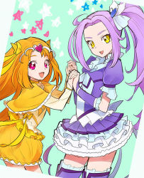 Rule 34 | 10s, 2girls, blue dress, boots, bow, bubble skirt, cure beat, cure muse, cure muse (yellow), dress, eyelashes, hair ornament, hair ribbon, happy, heart, heart hair ornament, kurochiroko, kurokawa eren, long hair, looking at viewer, magical girl, multiple girls, open mouth, orange hair, pink eyes, ponytail, precure, purple hair, ribbon, seiren (suite precure), shirabe ako, side ponytail, skirt, smile, standing, suite precure, thigh boots, thighhighs, yellow bow, yellow dress, yellow eyes