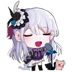 Rule 34 | 1girl, :d, animal, arm warmers, bang dream!, black feathers, black flower, black ribbon, blue flower, brooch, cat, chibi, closed eyes, feather hair ornament, feathers, flower, full body, grey hair, hair flower, hair ornament, jewelry, kongya, long hair, microphone stand, minato yukina, music, neck ribbon, open mouth, purple feathers, purple ribbon, ribbon, simple background, singing, smile, solo, standing, u u, white background, white feathers