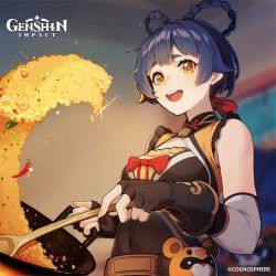 Rule 34 | 1girl, artist request, black gloves, blue hair, blurry, blurry background, blush, breasts, commentary, cooking, covered navel, english commentary, fingerless gloves, food, fried rice, genshin impact, gloves, guoba (genshin impact), hair rings, highres, holding, holding spoon, looking at viewer, meme, open mouth, orange eyes, fried rice prank (meme), short hair, small breasts, solo focus, spoon, upper body, wok, xiangling (genshin impact)