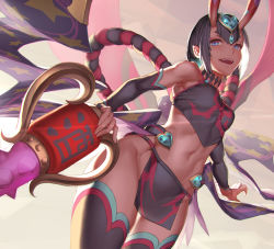 Rule 34 | 1girl, bare shoulders, black thighhighs, blue eyes, bob cut, breasts, chinese clothes, commentary request, dudou, eyebrows, fate/grand order, fate (series), horns, looking at viewer, medium breasts, midriff, navel, open mouth, pointy ears, purple hair, rope, rotix, shimenawa, short hair, shuten douji (fate), shuten douji (fate/grand order), shuten douji (halloween caster) (fate), skin-covered horns, smile, solo, standing, teeth, thick eyebrows, thighhighs