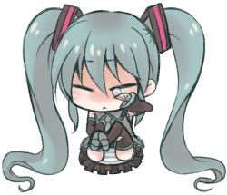 Rule 34 | 1girl, asaki (pixiv32096), chibi, closed eyes, hatsune miku, long hair, lowres, panties, pantyshot, simple background, skirt, solo, striped clothes, striped panties, tears, thighhighs, twintails, underwear, upskirt, very long hair, vocaloid, white background, wiping tears