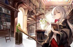 Rule 34 | 1girl, ahoge, bad id, bad pixiv id, black robe, book, bookshelf, brooch, broom, collared shirt, commentary, dampi, elaina (majo no tabitabi), flower, hexagram, highres, holding, holding book, holding broom, jewelry, ladder, library, long hair, long sleeves, majo no tabitabi, no headwear, no headwear, open clothes, open robe, pentagram, plant, potted plant, purple eyes, robe, shirt, silver hair, sleeveless, sleeveless shirt, smile, solo, spiral staircase, stairs, white shirt, wide sleeves