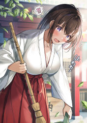 Rule 34 | !, !!, 1girl, @ @, architecture, bamboo broom, blush, breasts, broom, cleaning, cleavage, east asian architecture, hakama, hakama skirt, hawawa-chan (shiro kuma shake), highres, holding, holding broom, japanese clothes, kimono, large breasts, looking at viewer, miko, original, outdoors, red hakama, shiro kuma shake, shrine, skirt, solo, torii, white kimono
