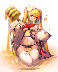 Rule 34 | 1girl, artist name, bare shoulders, blonde hair, blue eyes, breasts, bubble, choker, detached sleeves, hair ornament, honey, large breasts, long hair, midriff, mole, mole under eye, navel, newey, original, panties, partially submerged, sidelocks, sitting, solo, striped clothes, striped panties, thighhighs, twintails, underboob, underwear, very long hair, watermark, web address, white thighhighs
