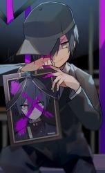 Rule 34 | 1boy, ahoge, black headwear, black jacket, black pants, blood, blurry, blurry foreground, brown eyes, closed mouth, collared shirt, commentary request, danganronpa (series), danganronpa v3: killing harmony, highres, holding, huyuharu0214, iei, jacket, long sleeves, looking at viewer, male focus, official alternate costume, pants, photo (object), pink blood, saihara shuichi, school uniform, shirt, short hair, signature, sitting, smile, spoilers, striped clothes, striped jacket, vertical stripes, x