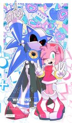 Rule 34 | 1boy, 1girl, amy rose, black sclera, colored sclera, derivative work, double v, english text, furry, furry female, gloves, green eyes, highres, neo metal sonic, no mouth, non-humanoid robot, one eye closed, pikative02, red eyes, robot, robot animal, smile, sonic (series), sonic heroes, v, white gloves