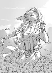 Rule 34 | 1girl, aerith gainsborough, bangle, bracelet, braid, braided ponytail, breasts, choker, cleavage, cropped jacket, dress, field, final fantasy, final fantasy vii, final fantasy vii remake, flower, flower choker, flower field, greyscale, hair ribbon, highres, holding, holding flower, jewelry, lily (flower), long dress, long hair, looking to the side, medium breasts, monochrome, outdoors, parted bangs, parted lips, ribbon, short sleeves, sidelocks, solo, takahashi jun (tkjun m), unfinished, upper body, w arms